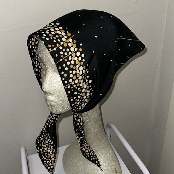 Vintage mid century black, white & gold polyester head scarf - Picture 1 of 6